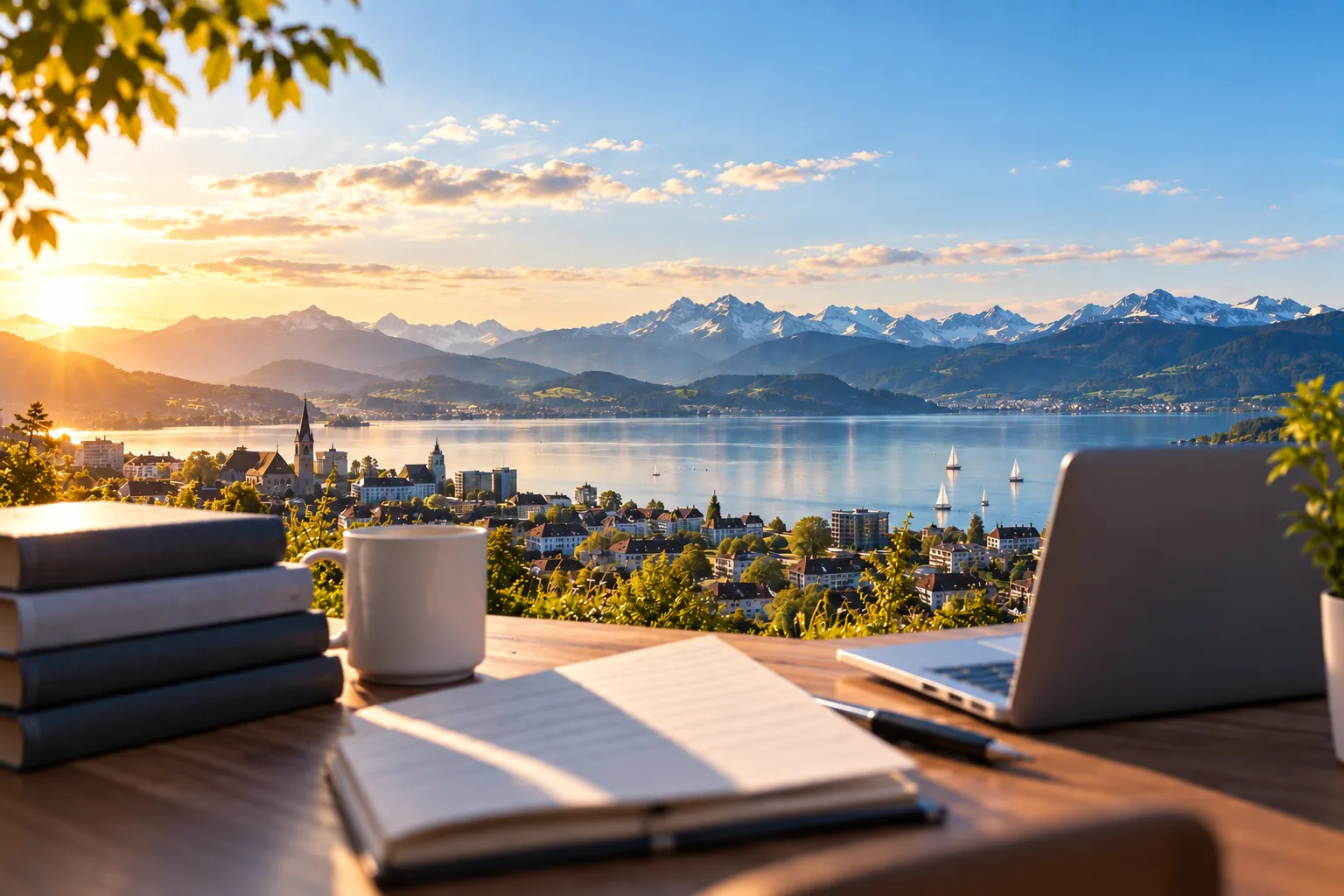 Laptop und Notizbuch auf einer Terrasse mit Blick über den Zugersee und die Alpen