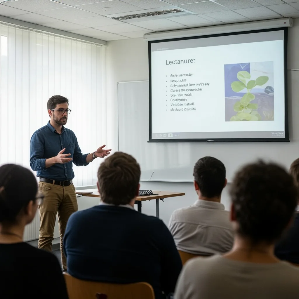 Dozent erklärt eine Vorlesungsfolie vor Studierenden im Seminarraum