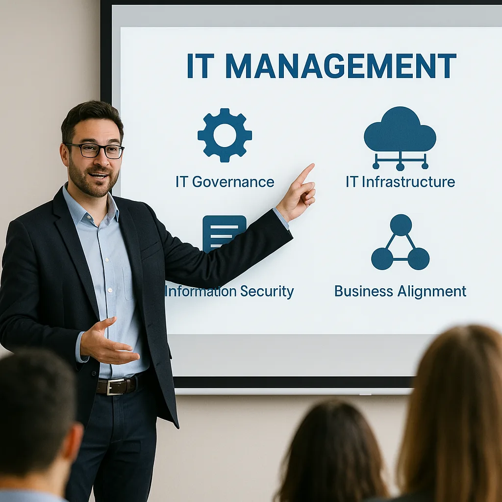 Dozent zeigt auf eine Präsentationsfolie zum Thema IT-Management